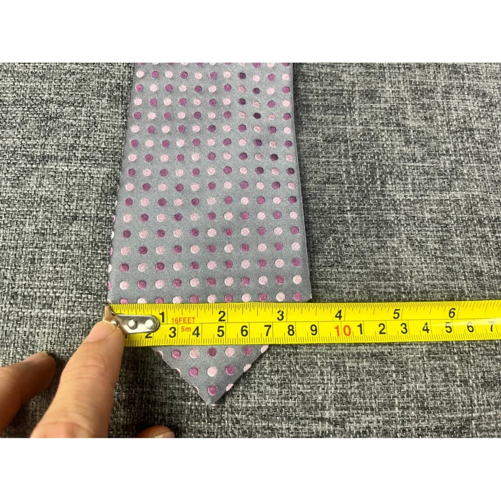 Geoffrey Beene Mens Grey Pink Purple Polka Dot 100% Silk Necktie Standard Width
